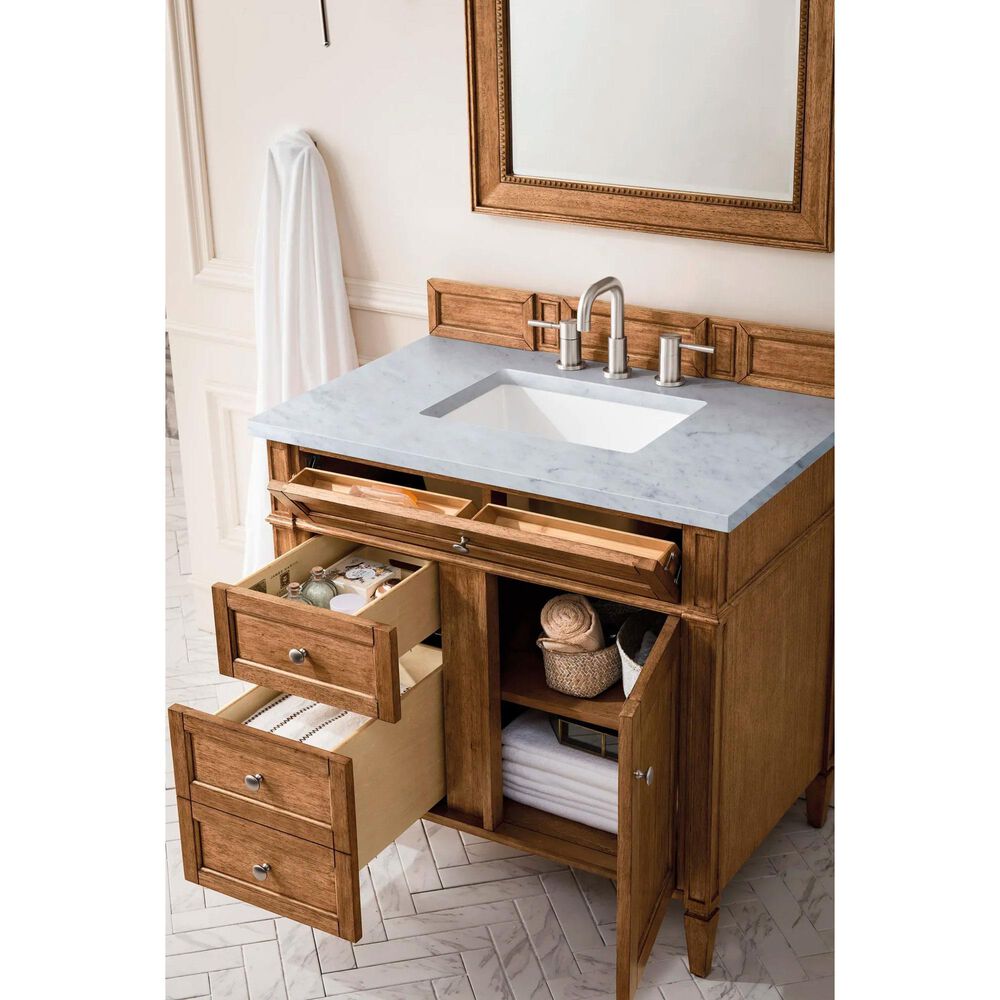 James Martin Vanities Brittany 36" Single Bathroom Vanity in Saddle Brown with 3 cm Carrara White Marble Top and Rectangle Sink, , large