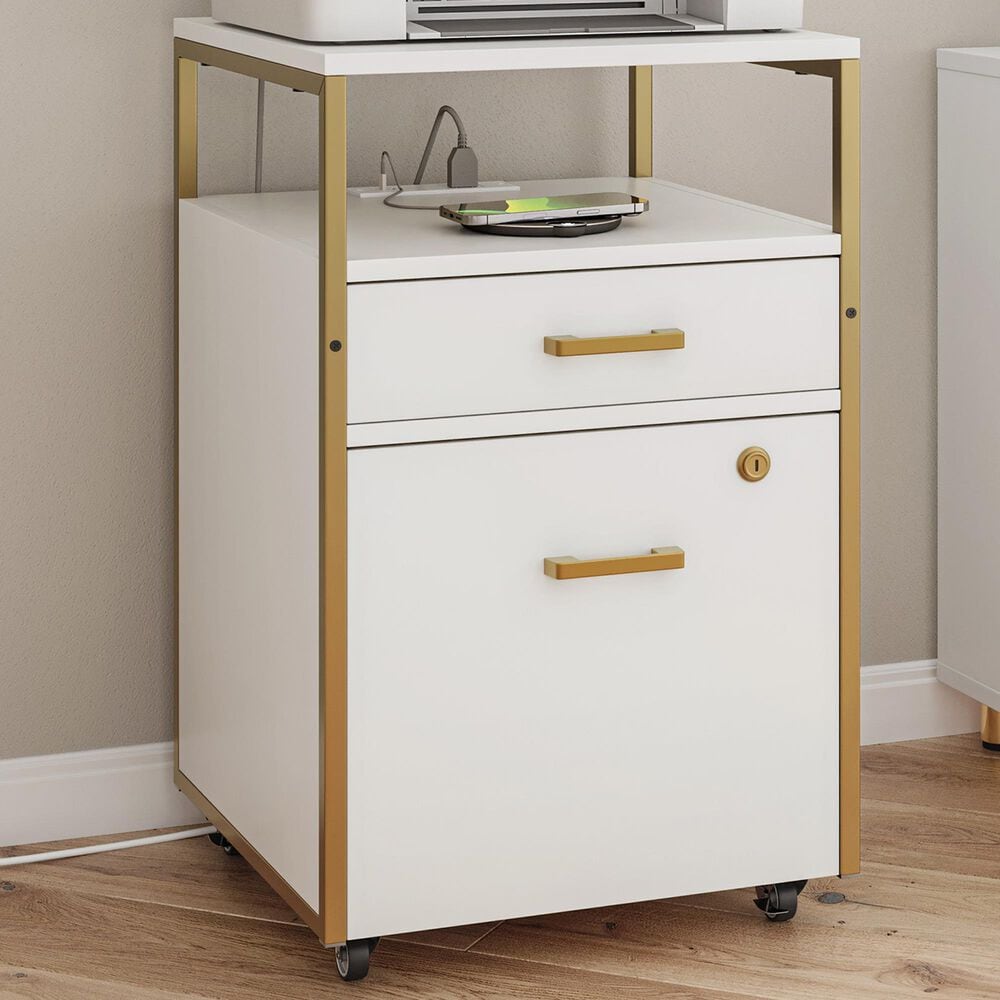 Rta Products Llc Modern Rolling File Cabinet with USB Charging Ports and Power Outlet in White and Gold, , large