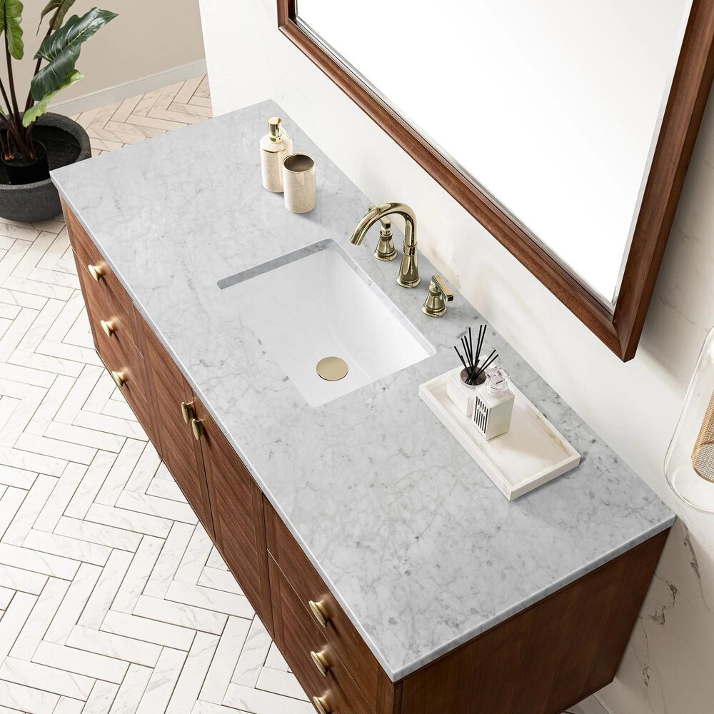 James Martin Vanities Amberly 60&quot; Single Bathroom Vanity in Walnut with 3 cm Carrara White Marble Top and Rectangular Sink, , large