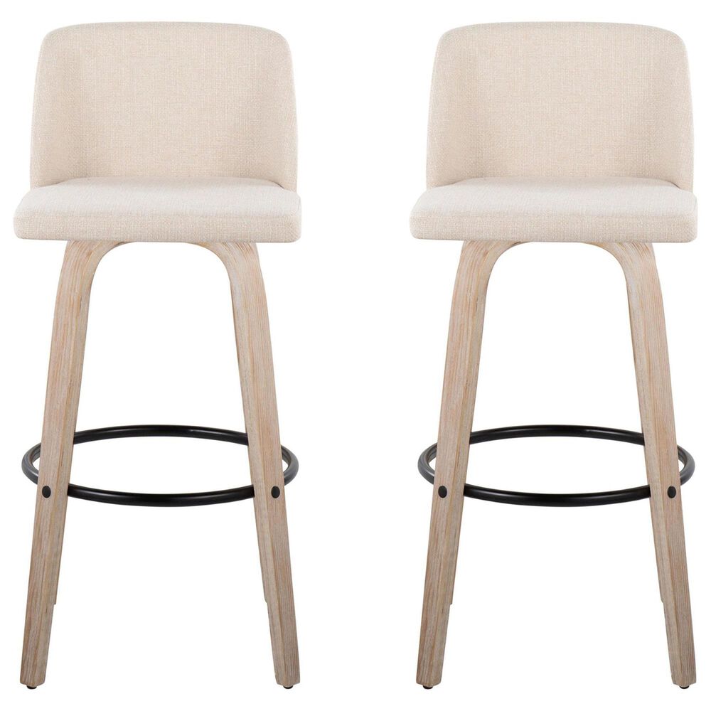 LumiSource Toriano Swivel Bar Stool with Cream Noise Fabric Upholstery in Whitewashed and Black (Set of 2), , large