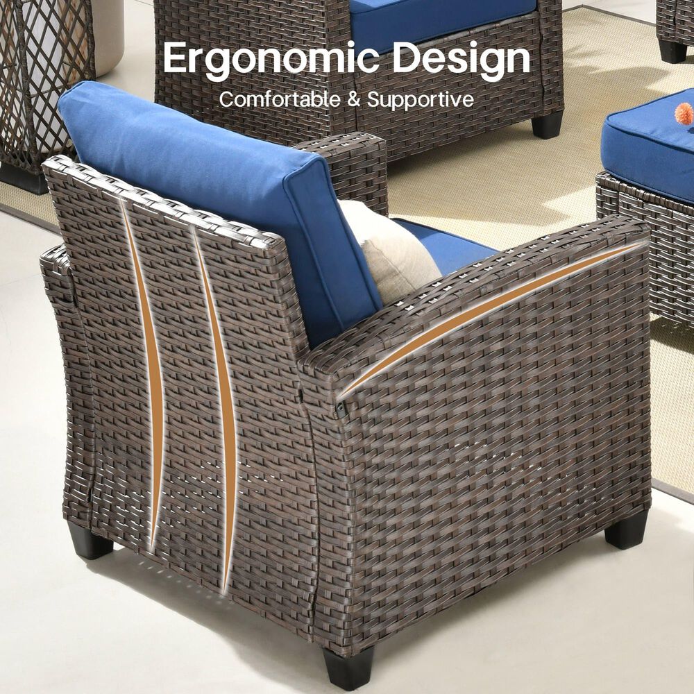 HOMLUX 6-Piece Patio Conversation Set with Loveseat and Light Brown Wicker in Navy Blue, , large
