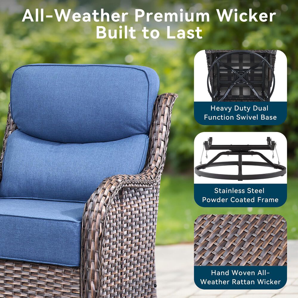 Sunwell Garden Patio Swivel Glider Chair with Brown Wicker in Navy (Set of 2), , large