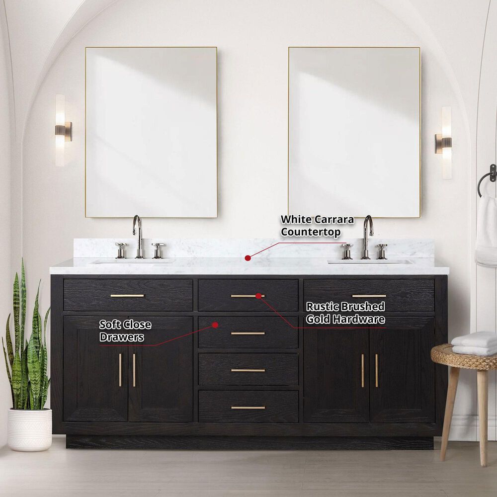 Lexora Home Abbey 72&quot; Double Bathroom Vanity in Black Oak with 2 cm White Carrara Marble Top and Rectangular Sinks, , large