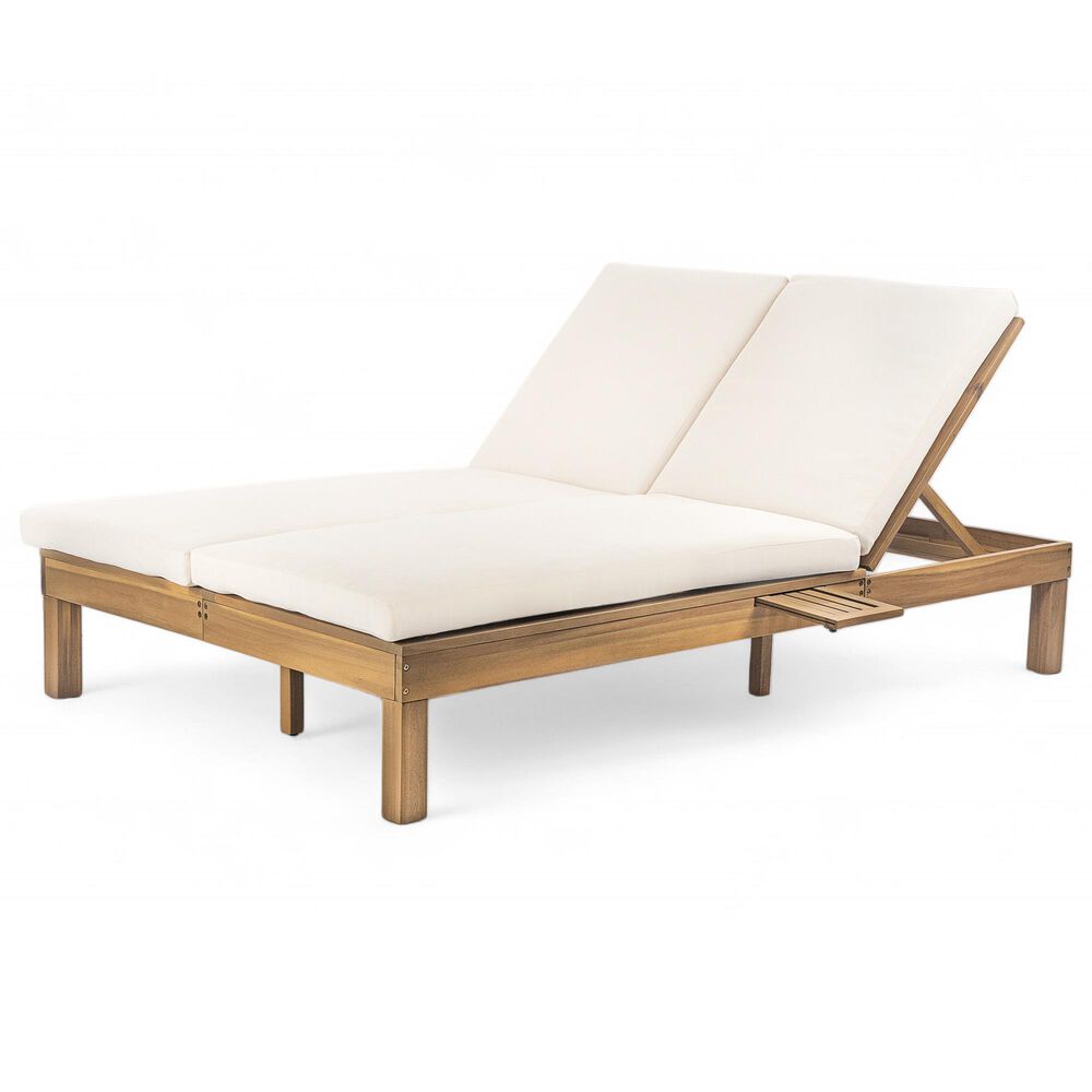 HOMLUX Patio 2-Person Chaise Lounge with Folding Side Tables and Light Teak Frame in Beige, , large