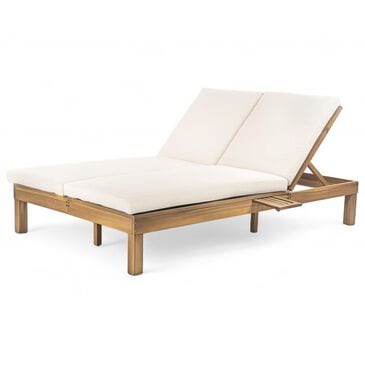 HOMLUX Patio 2-Person Chaise Lounge with Folding Side Tables and Light Teak Frame in Beige, , large