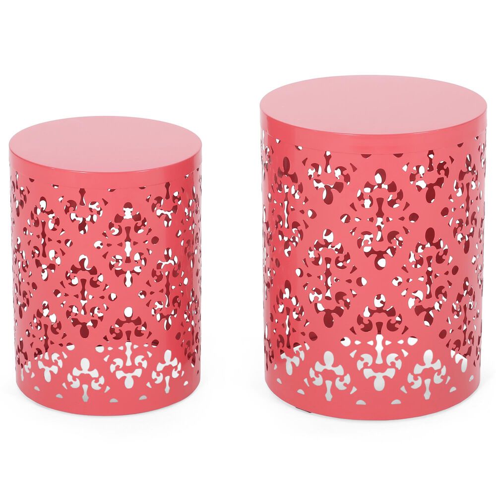 Hearth and Haven Outdoor End Table with Floral Pattern in Coral (Set of 2), , large
