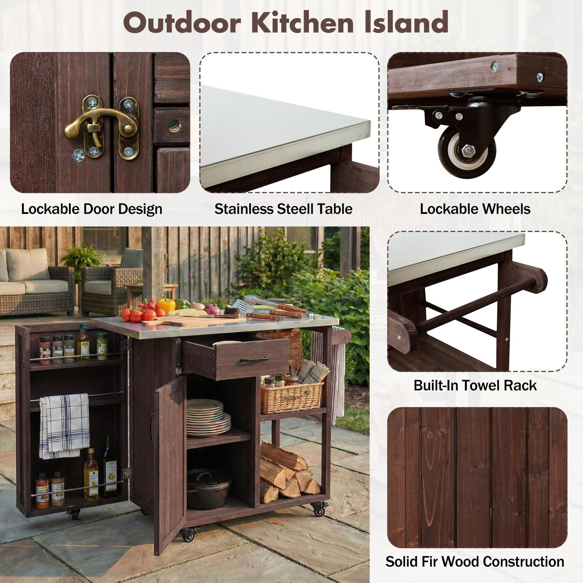 Hearth and Haven Outdoor Kitchen Island Cart with Stainless Steel