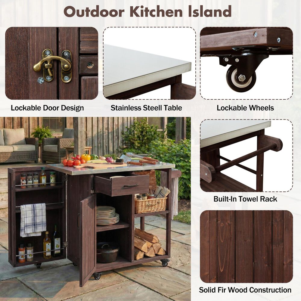 Hearth and Haven Outdoor Kitchen Island Cart with Stainless Steel Top, Towel and Spice Racks in Dark Brown, , large