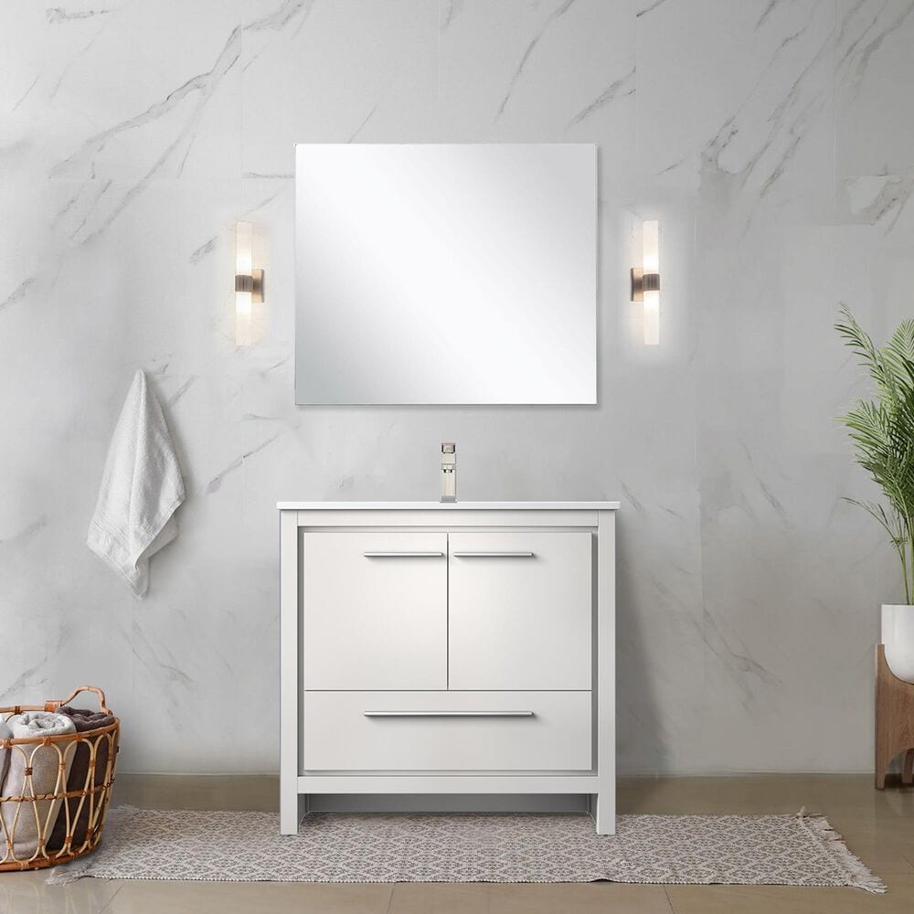 Lexora Home Lafarre 36&quot; Single Bathroom Vanity in White with 2 cm White Cultured Marble Top and Rectangular Sink, , large
