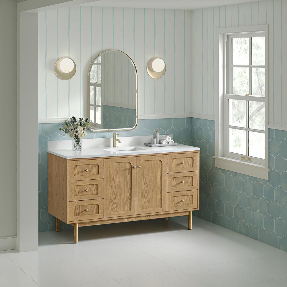 James Martin Vanities Laurent 60&quot; Single Bathroom Vanity in Light Natural Oak with Single Hole 3 cm White Zeus Quartz Top and Rectangular Sink, , large