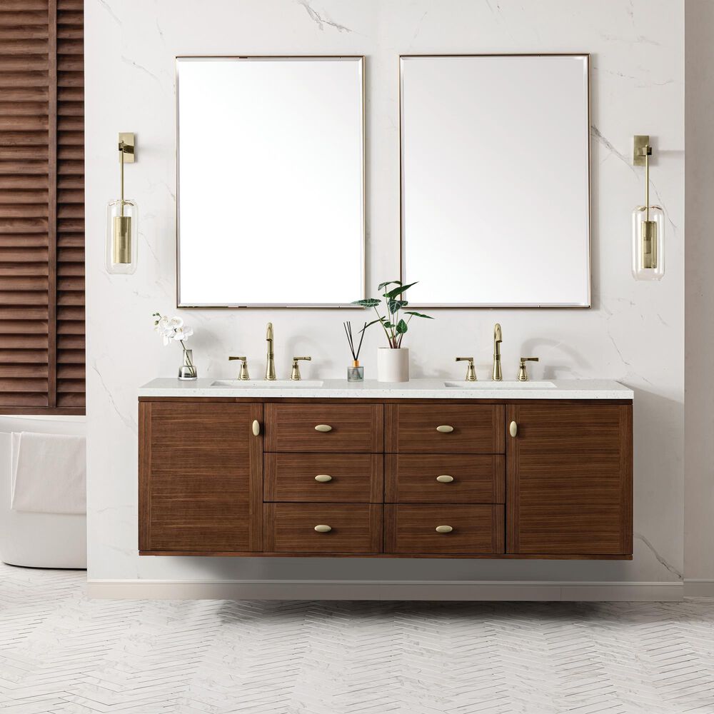James Martin Vanities Amberly 72&quot; Double Bathroom Vanity in Mid-Century Walnut with Single Hole 3 cm White Zeus Quartz Top and Rectangular Sinks, , large