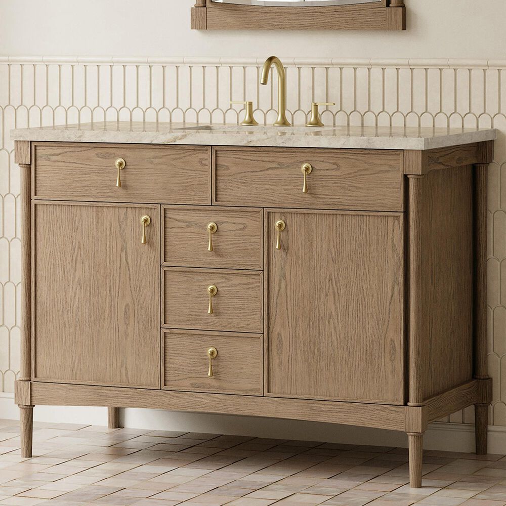 James Martin Kinnsden 48" Single Bathroom Vanity in Weathered Oak with 3 cm Tajnar Eclos Top, Rectangular Sink and FreePower Wireless Charger, , large