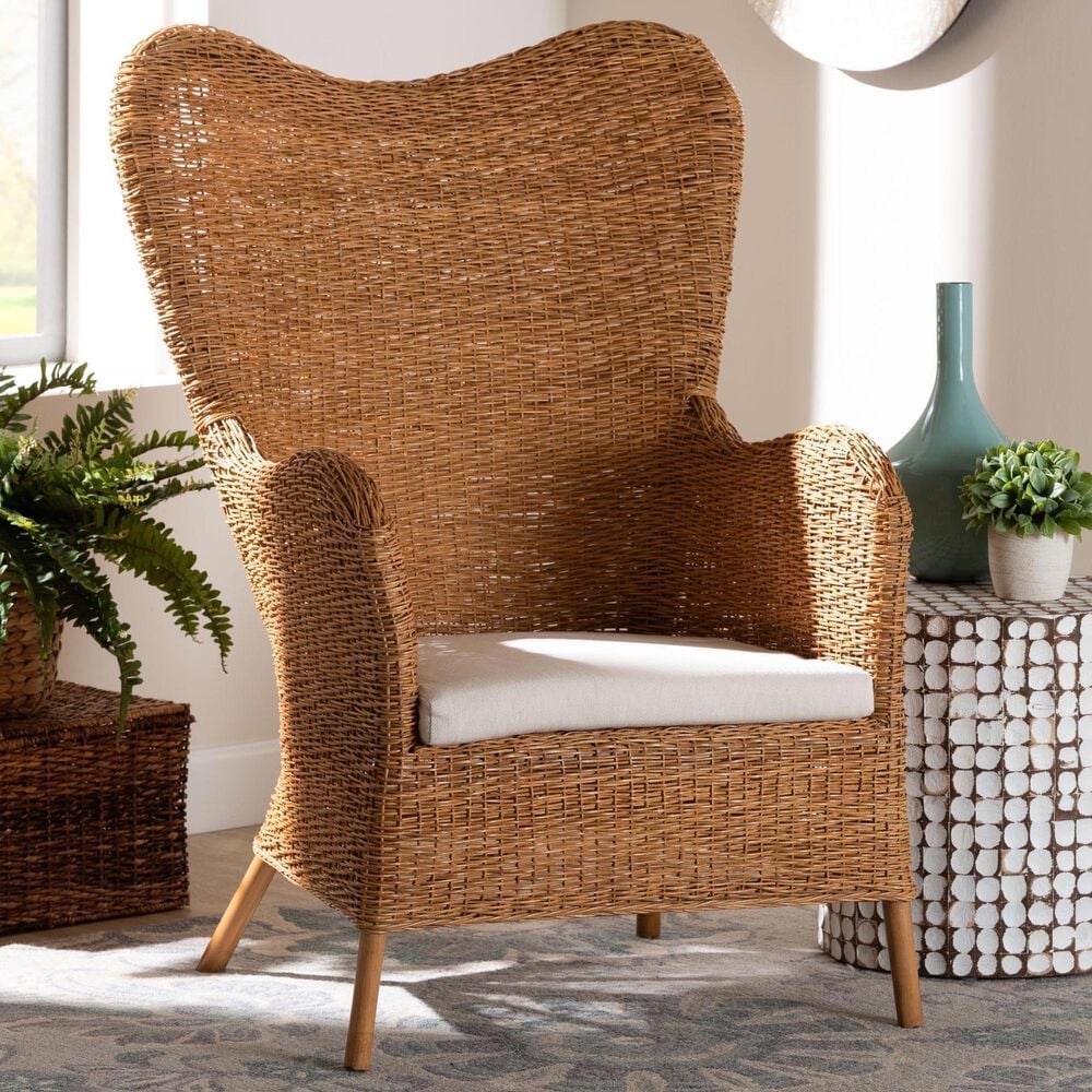 Baxton Studio Terra Arm Chair with Light Honey Rattan in White, , large
