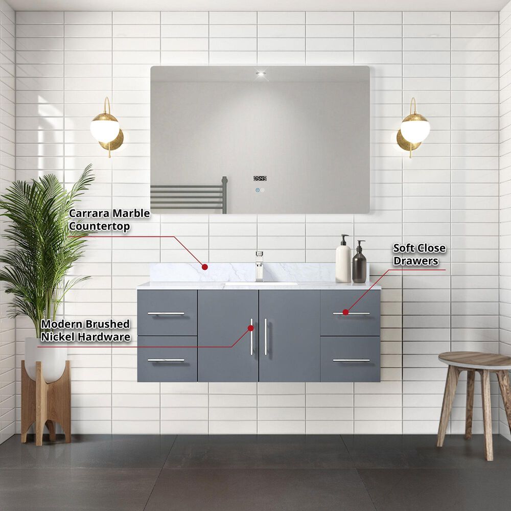 Lexora Home Geneva 48&quot; Single Bathroom Vanity in Dark Grey with 2 cm White Carrara Marble Top and Rectangular Sink, , large
