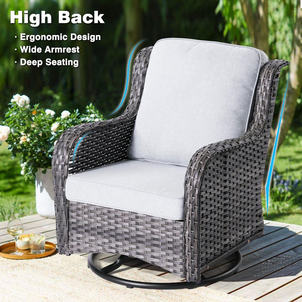 HOMLUX 3-Piece Patio Conversation Set with Curved-Arm Swivel Rocking Chairs and Light Gray Wicker in Gray, , large