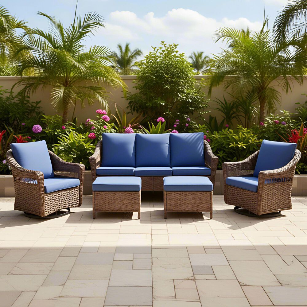 Sunwell Garden 5-Piece Patio Chat Set with Two Ergonomic Swivel Chairs in Navy, , large