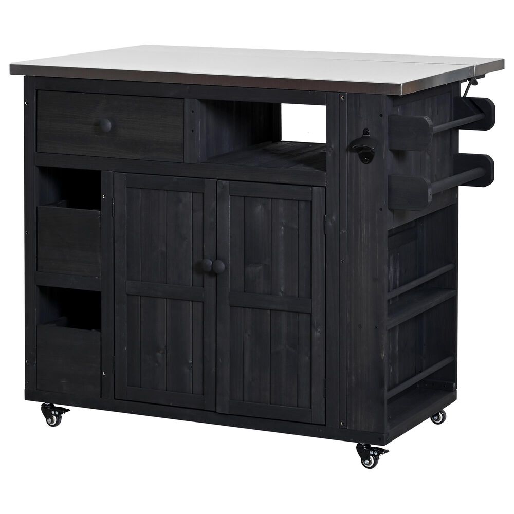 Hearth and Haven Outdoor Kitchen Island Cart with Extendable Stainless Steel Top and Adjustable Shelf in Black, , large