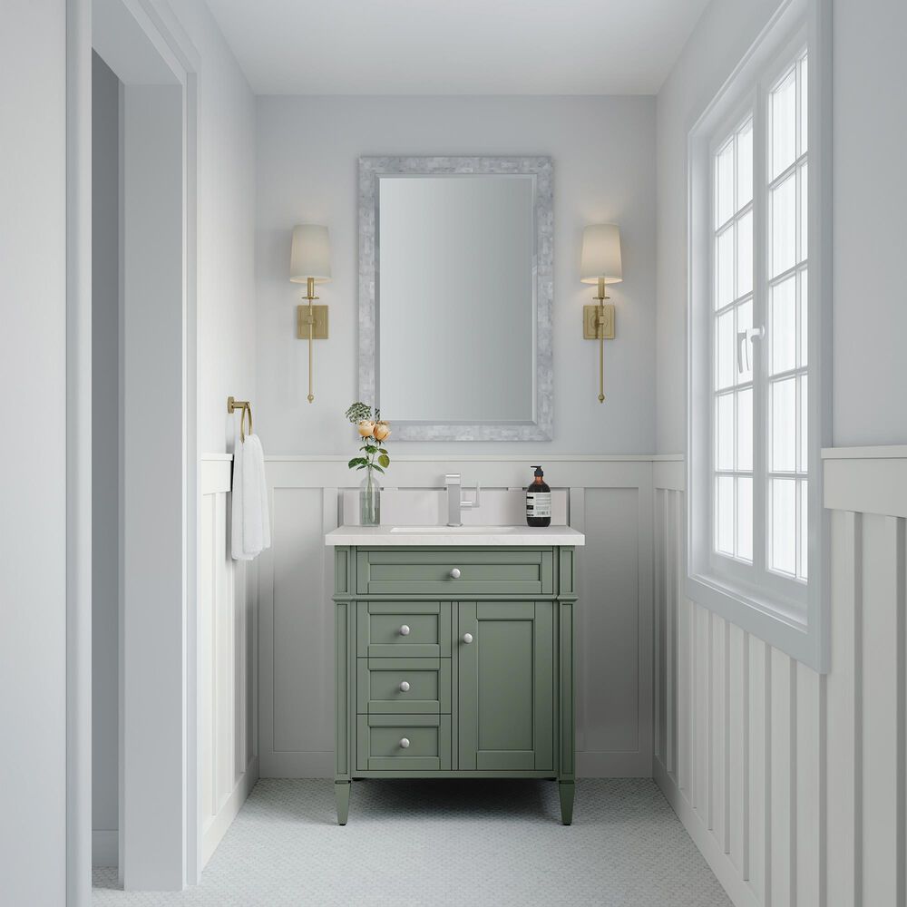 James Martin Vanities Brittany 30" Single Bathroom Vanity in Smokey Celadon with Single Hole 3 cm White Zeus Quartz Top and Rectangular Sink, , large