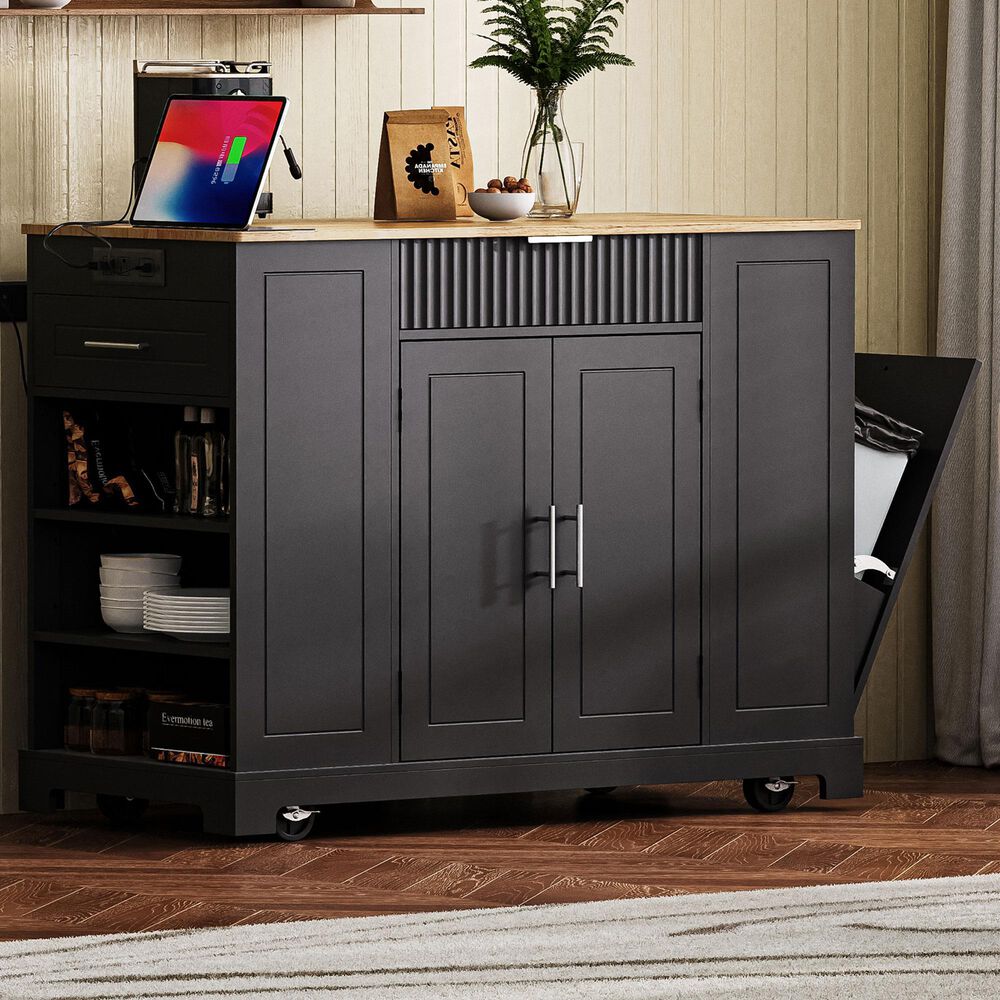 HOMLUX 47" Fluted Kitchen Island with Trash Can Storage Cabinet in Black and Natural, , large