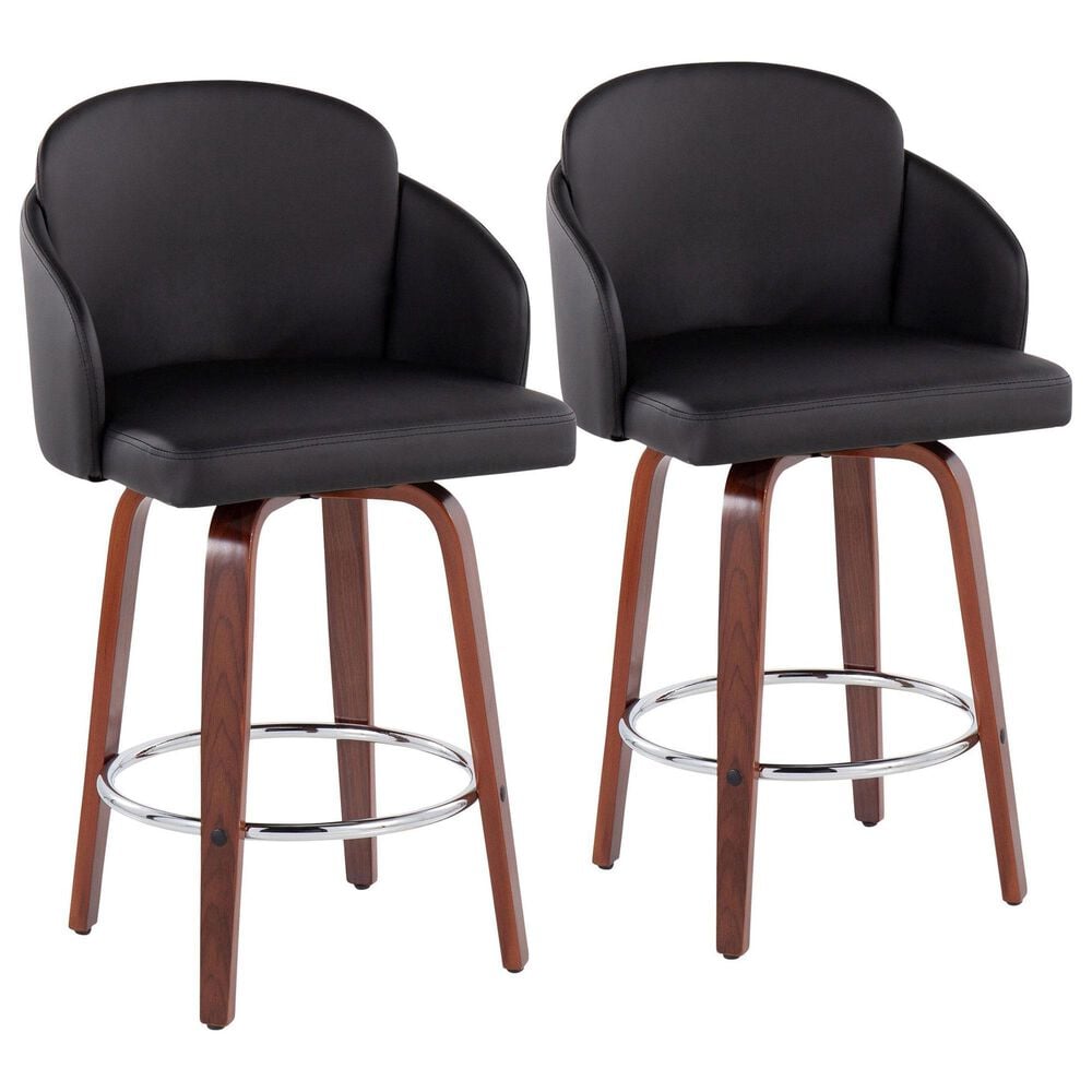 LumiSource Dahlia Swivel Counter Stool with Black Faux Leather Upholstery in Walnut and Chrome (Set of 2), , large