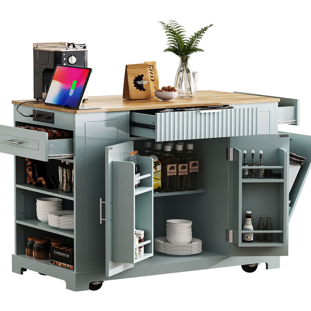 HOMLUX 47" Fluted Kitchen Island with Trash Can Storage Cabinet in Grey, Blue and Natural, , large