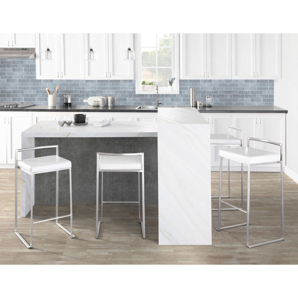 Lumisource Fuji Stackable Barstool with White Faux Leather in Brushed Stainless Steel &#40;Set of 2&#41;, , large