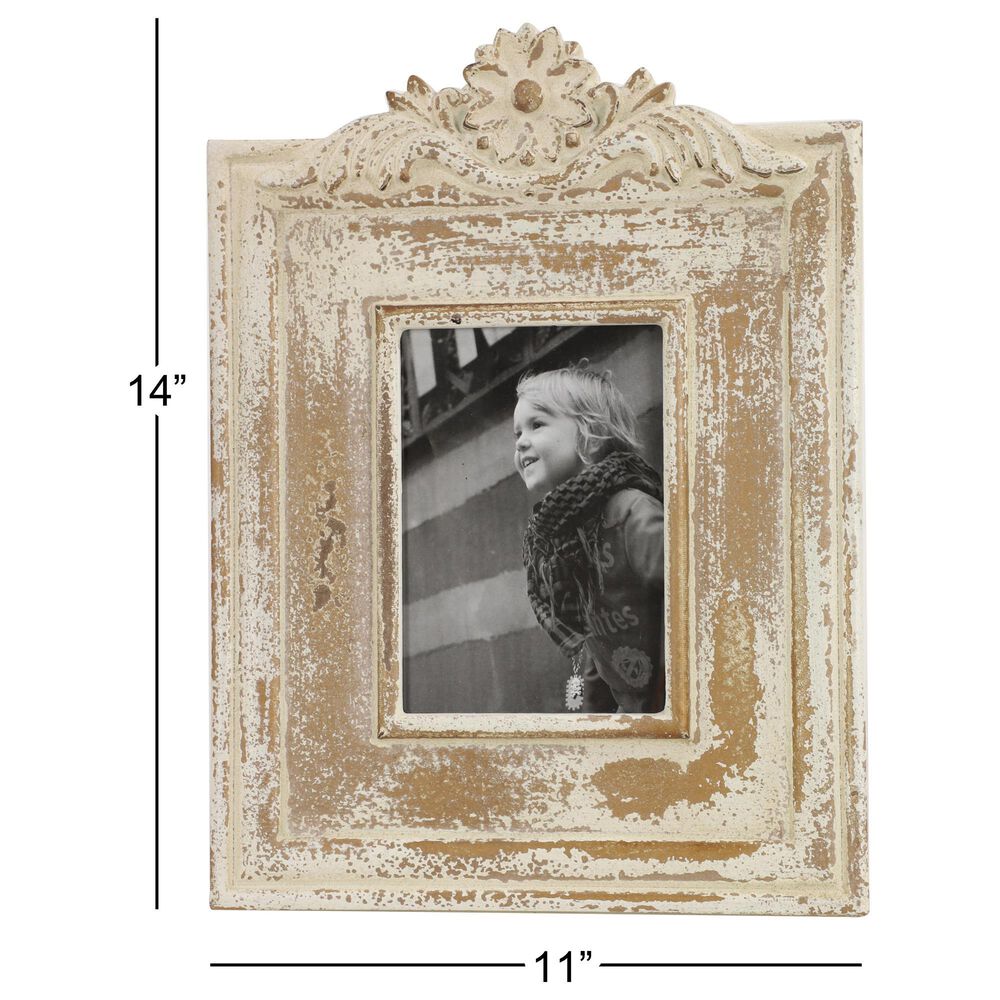 Maple and Jade Vintage Hand-Carved Flower Photo Frame in Whitewashed and Natural Brown, , large