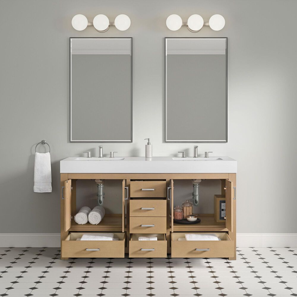 37B Alanya 60" Double Bathroom Vanity in Warm Oak with White Composite Stone Top, , large