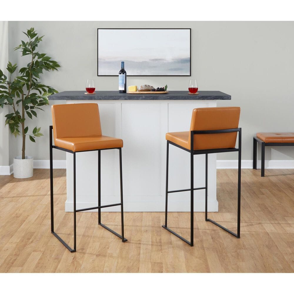 Lumisource Fuji High Back Barstool with Camel Faux Leather in Black &#40;Set of 2&#41;, , large