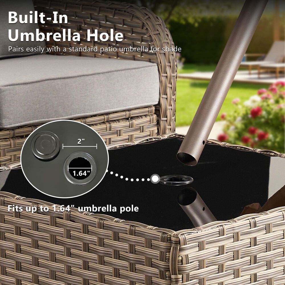 HOMLUX Outdoor Wicker Square Coffee Table with Umbrella Hole in Brown, , large