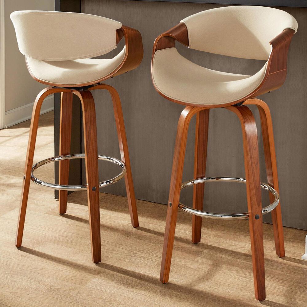 LumiSource Curvini 30" Swivel Barstool with Cream Upholstery in Walnut and Chrome (Set of 2), , large