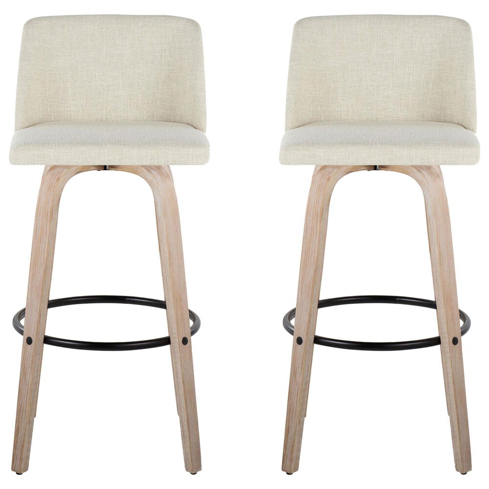 LumiSource Toriano Swivel Bar Stool with Cream Fabric Upholstery in Whitewashed and Black (Set of 2), , large