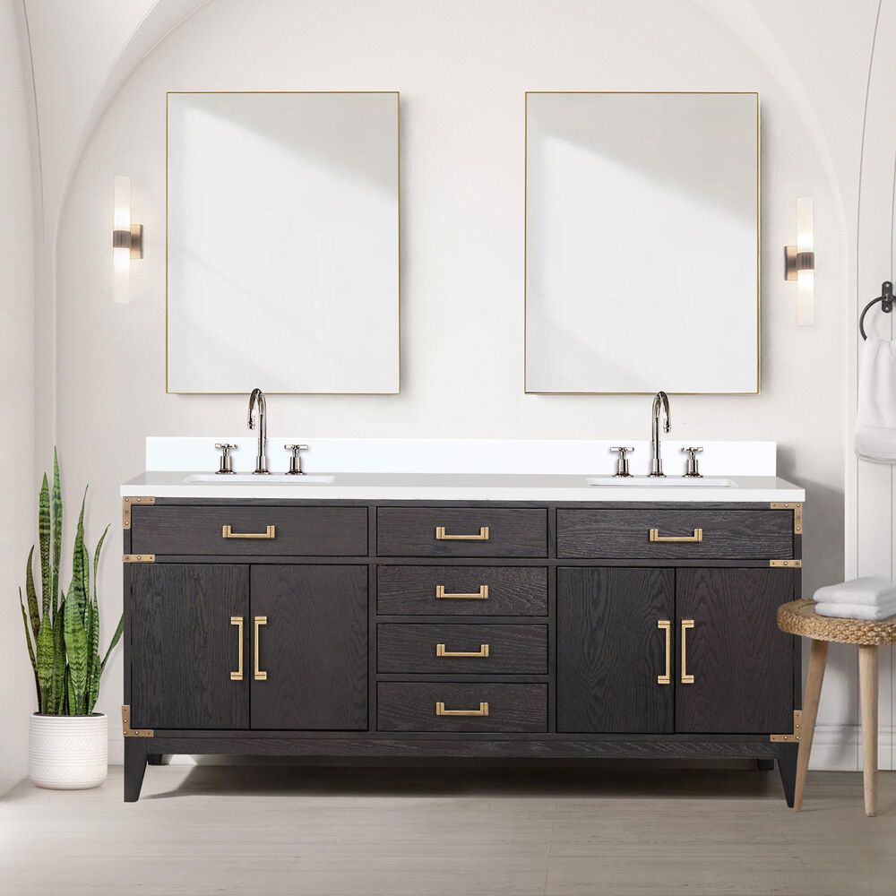 Lexora Home Laurel 72&quot; Double Bathroom Vanity in Black Oak with White Cultured Marble Top and Rectangular Sinks, , large