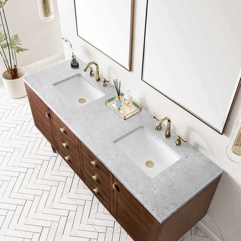 James Martin Vanities Amberly 72&quot; Double Bathroom Vanity in Walnut with 3 cm Carrara White Marble Top and Rectangular Sinks, , large