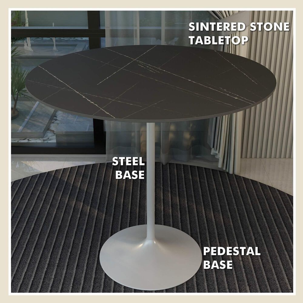 Leisuremod LeisureMod Verve Collection Modern Bar Height Table White Base with 48 Round Black Marbelized Sintered Stone Top, , large