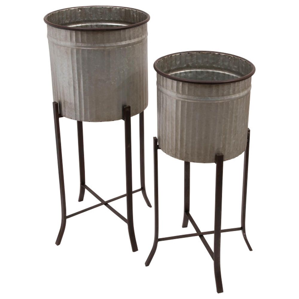 Creative Coop 2-Piece Round Corrugated Metal Planter on Stand Set in Silver and Black, , large