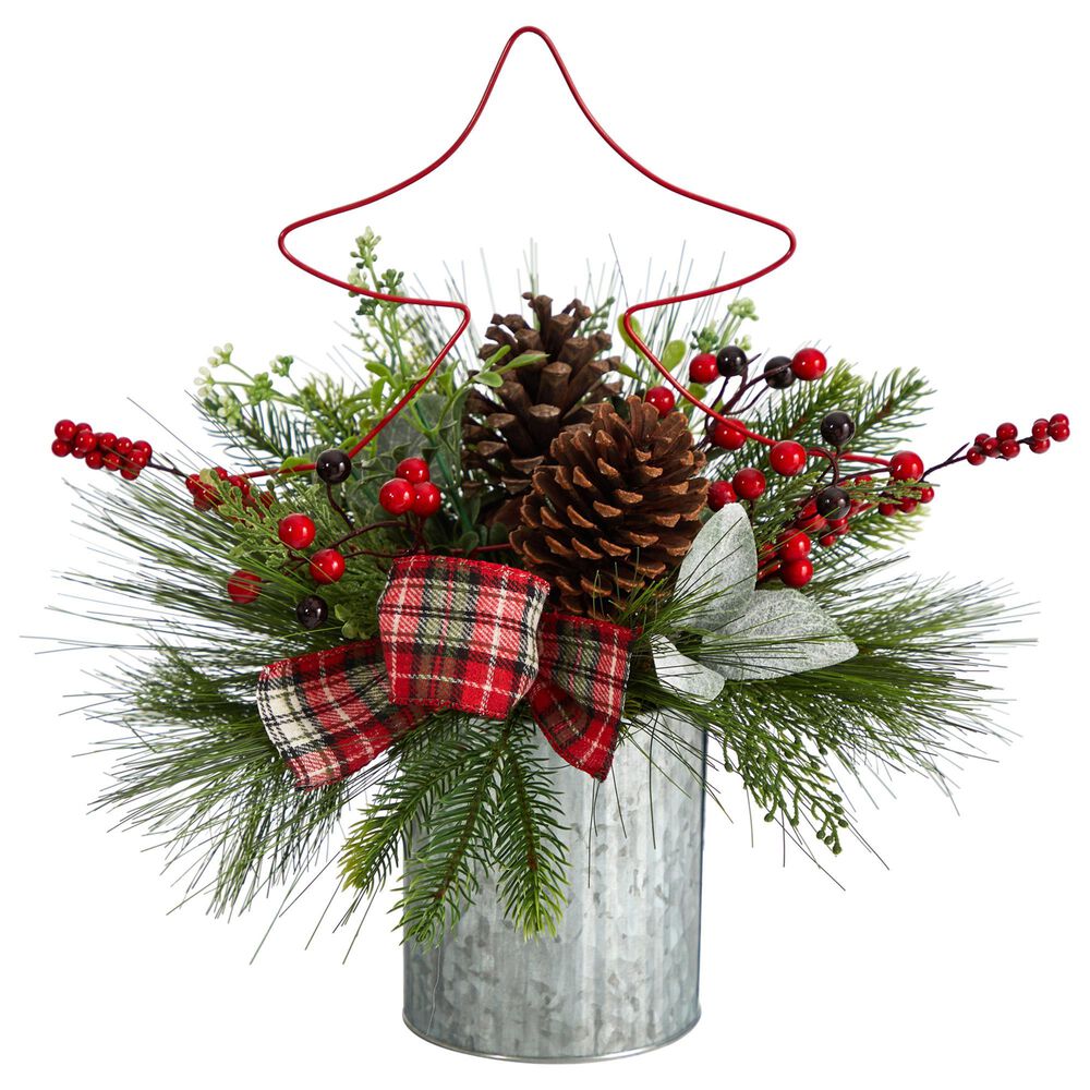 Nearly Natural Inc 17in. Pinecone and Berries Artificial Christmas Arrangement with Decorative Metal Vase and Wire Red Christmas Tree, , large