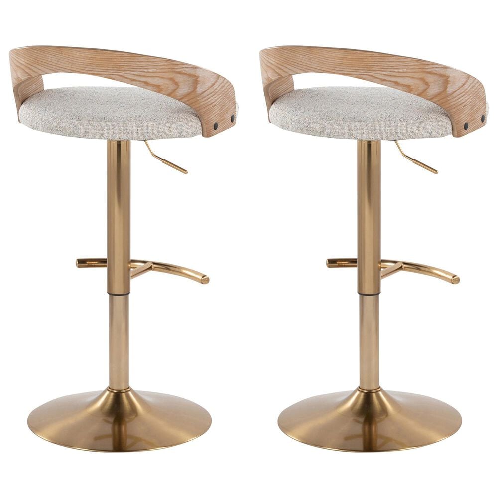 LumiSource Grotto Adjustable Swivel Barstool with Oat Fabric Upholstery in Gold and Whitewashed (Set of 2), , large