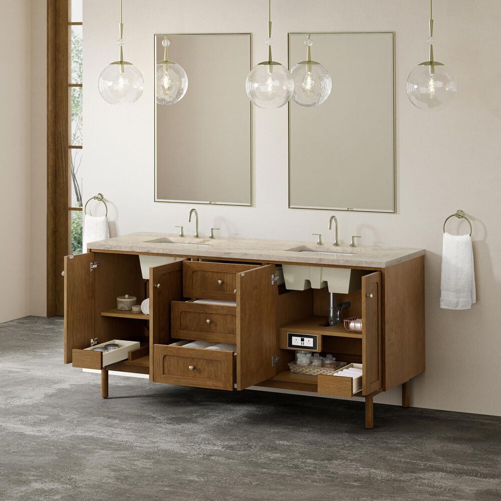 James Martin Laurent 72" Double Bathroom Vanity in Honey Oak with 3 cm Tajnar Eclos Top, Rectangular Sinks and FreePower Wireless Charger, , large
