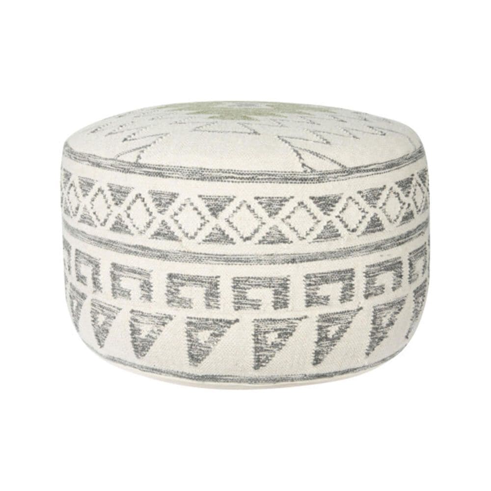 Teak Interiors 28" Round Kilim Pouf in Grey, Cream and Green, , large