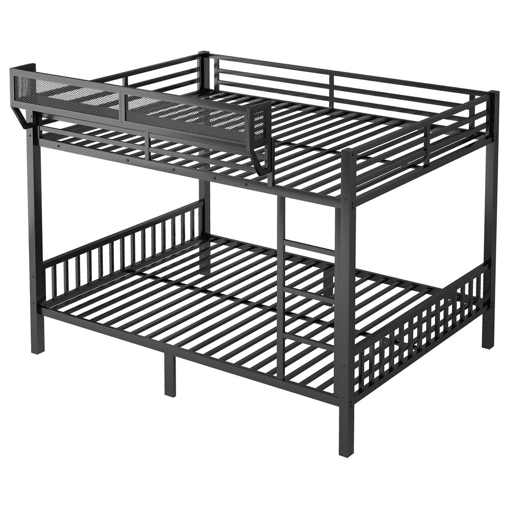 Hearth and Haven Queen over Queen Bunk Bed with Ladder and Storage Shelf in Black, , large