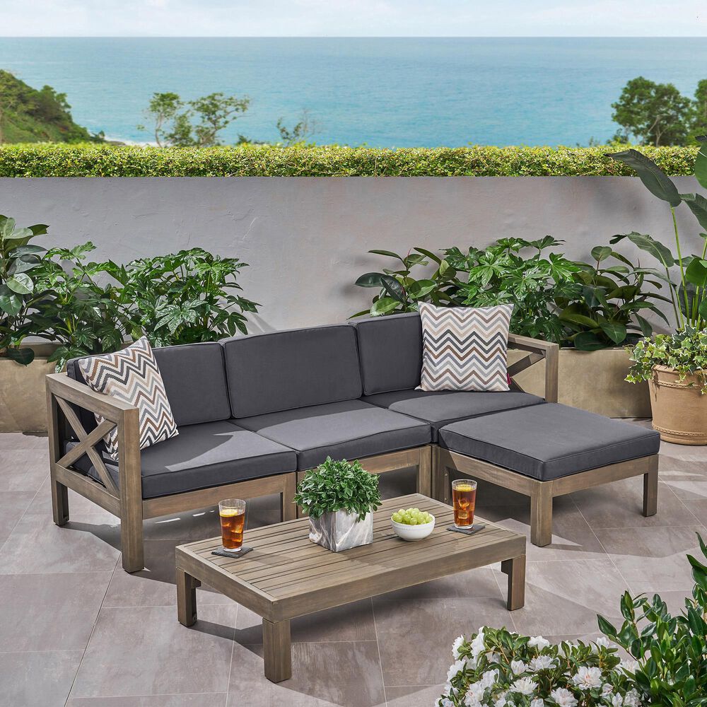 Hearth and Haven Alcove 5-Piece Outdoor L-Shape Sectional Set with Dark Grey Cushion in Teak, , large