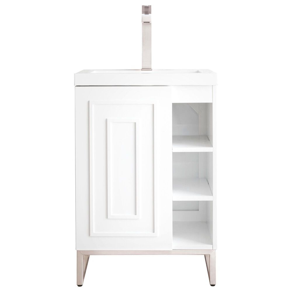 James Martin Vanities Alicante 24" Single Bathroom Vanity in Glossy White and Brushed Nickel with 5 cm White Glossy Resin Top and Rectangular Sink, , large