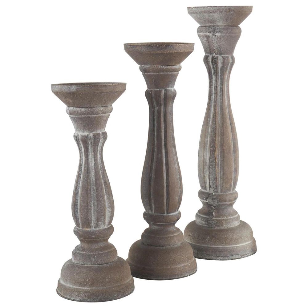 Maple and Jade Turned Pillar Decorative Candle Holder in Washed Brown &#40;Set of 3&#41;, , large