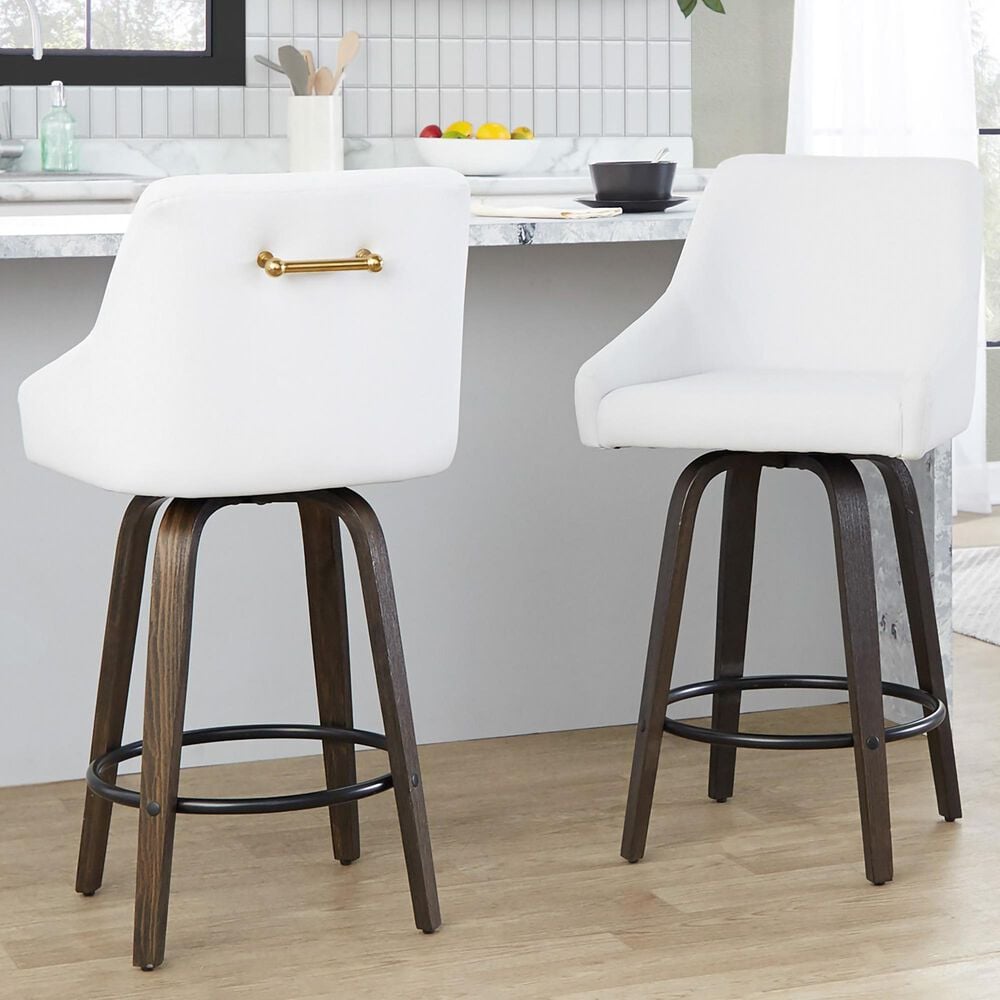 LumiSource Hannah Swivel Counter Stool with White Faux Leather Upholstery in Walnut and Black (Set of 2), , large