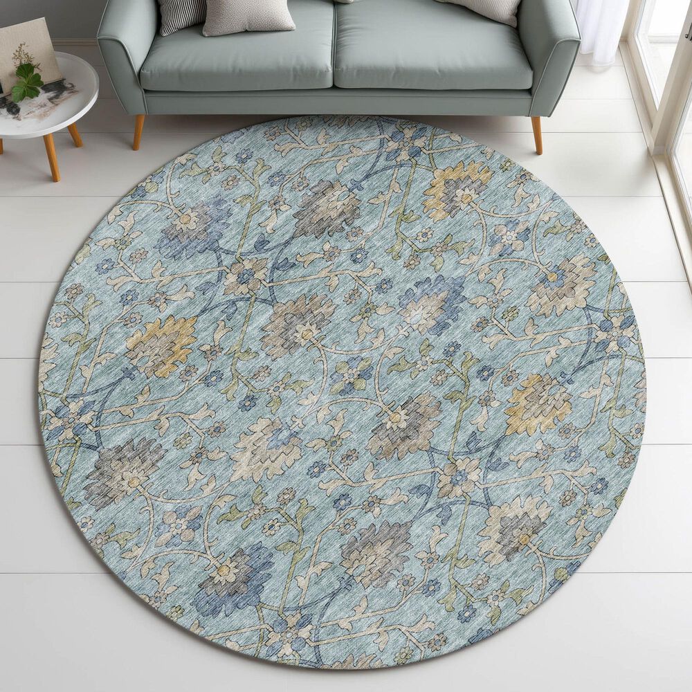 Dalyn Rug Company Silk Road Denim, Sky, Gray, Gold, Ivory and Fern 8&#39; Round Area Rug, , large