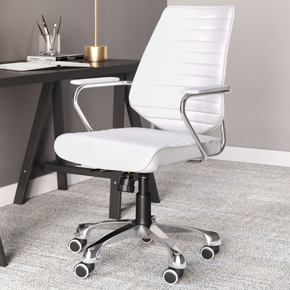 Zuo Modern Enterprise Low Back Office Chair with White Faux Leather in Chrome, , large