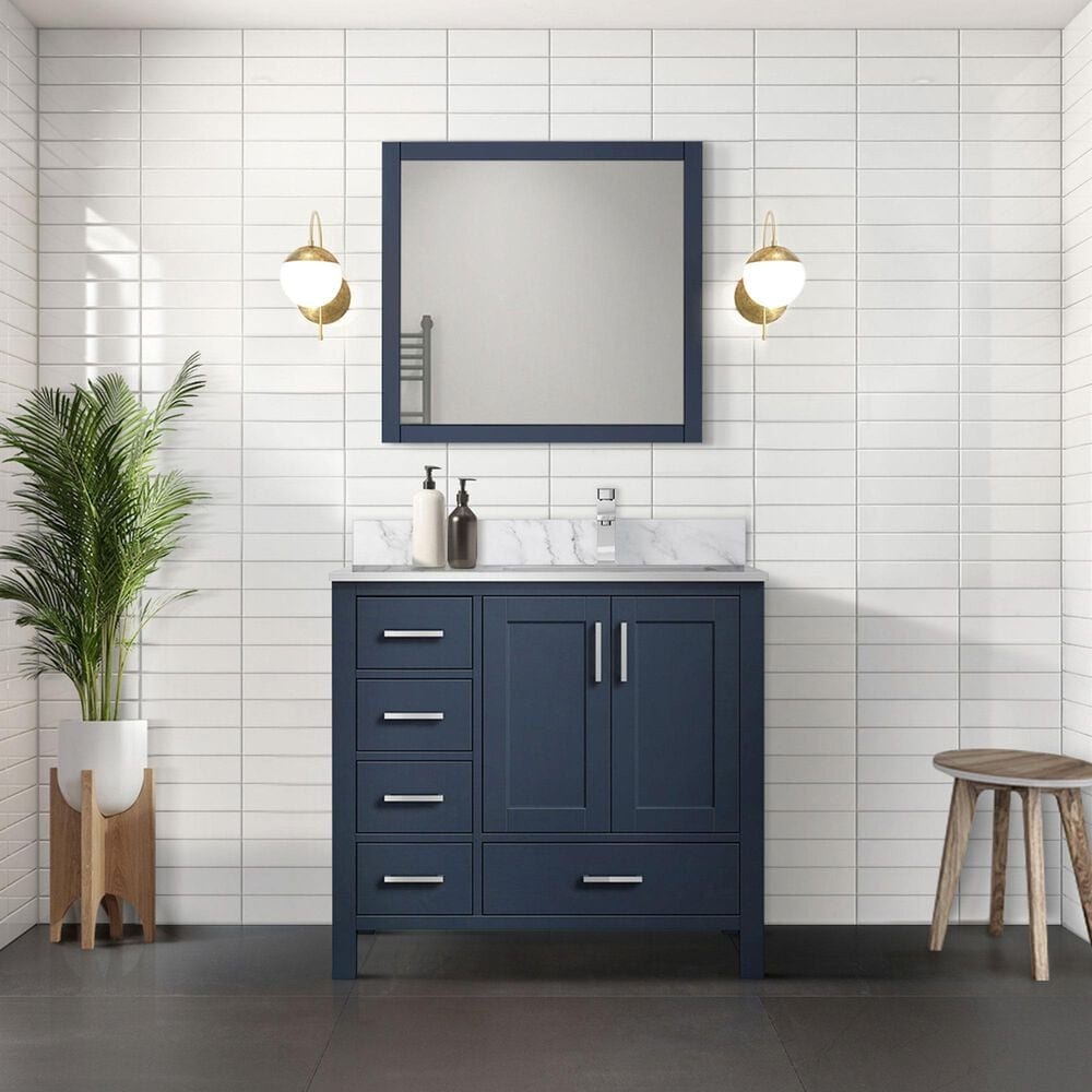 Lexora Home Jacques 36&quot; Right Offset Single Bathroom Vanity in Navy Blue with 2 cm White Carrara Marble Top and Rectangular Sink, , large