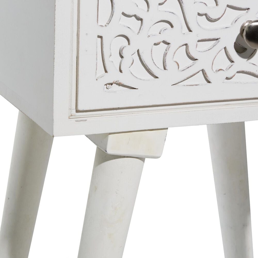 Maple and Jade Intricately Carved Single Drawer Scroll Accent End Table in Distressed White, , large