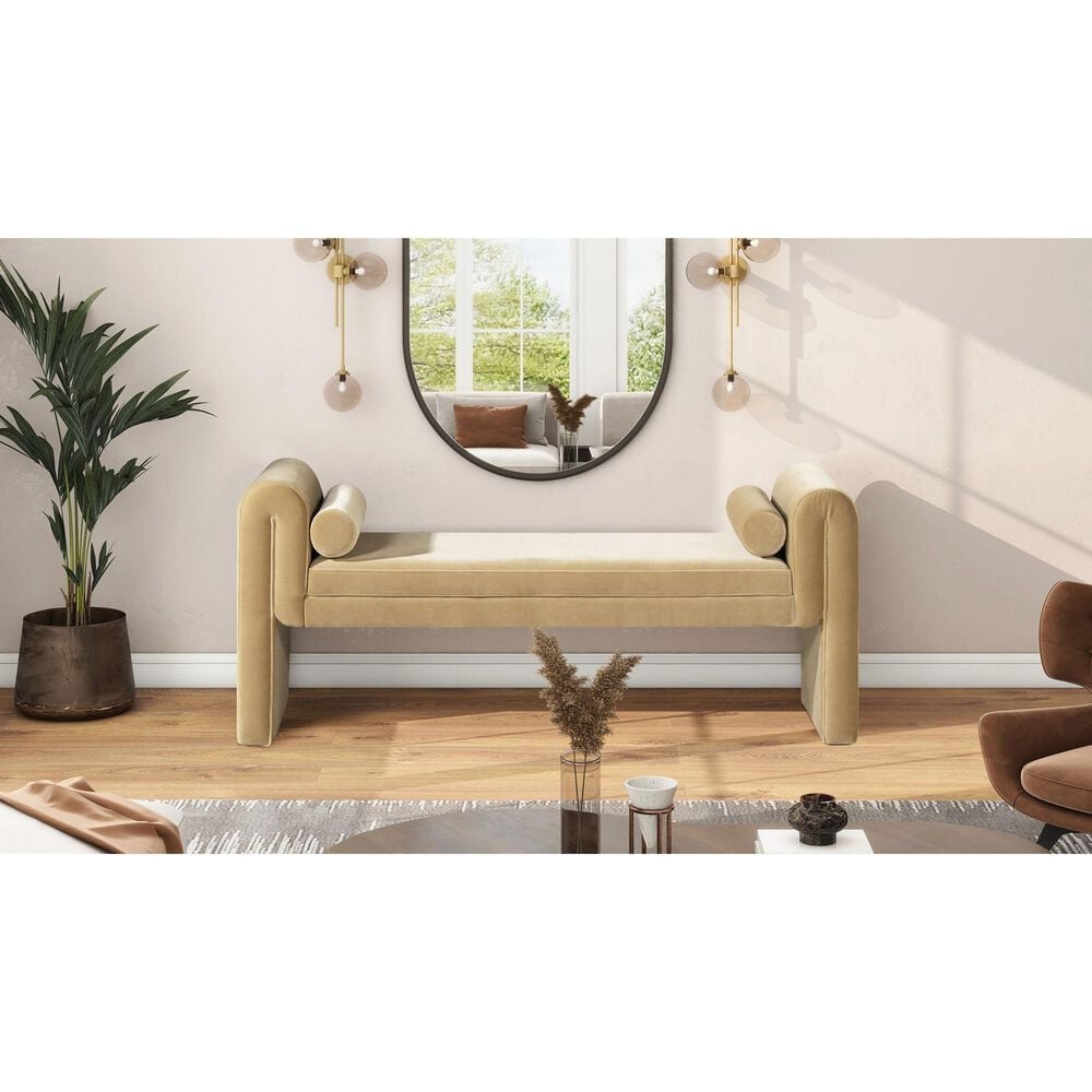 Jennifer Taylor Home Mason Arched Arm Bench with Bolster Pillows in Camel Brown Beige, , large